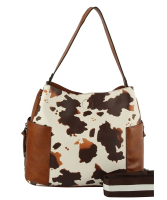 Cow Printed Shoulder Bag Hobo with Guitar Strap LV0321 BROWN
